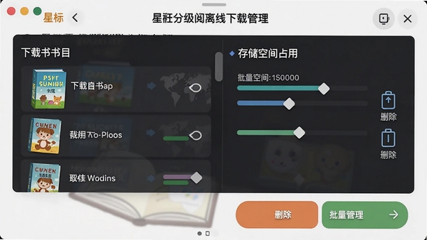 星标分级阅读离线下载管理界面,显示已下载书目列表与存储空间占用情况,有删除与批量管理按钮