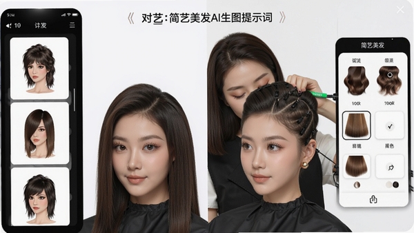 简艺美发AI生图提示词,展示一位用户使用简艺美发软件试戴不同发型的对比效果,画面中包含发型模板和发色选择面板,风格清新专业