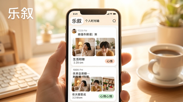 乐叙App个人时光轴界面展示,手机屏幕中显示按时间排列的生活记录卡片,包含文字、图片和心情标签,背景温馨明亮,突出软件名称“乐叙”