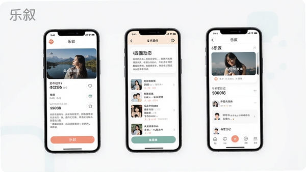 乐叙App功能操作示意图,展示发布动态、圈子互动、私密日记三大核心功能的手机界面截图,画面简洁现代,带有“乐叙”品牌标识