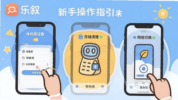 乐叙App新手操作指引插图,卡通风格展示手机权限设置、存储清理和网络切换步骤,画面带有“乐叙”文字标识