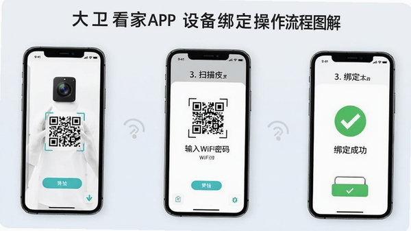 ��������APP�豸�󶨲�������ͼ�⣬չʾ�ֻ�ɨ������ͷ��ά�롢����WiFi���롢�󶨳ɹ�����������棬���������