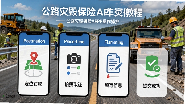 ��·�ֻٱ���APP�����̳�ʾ��ͼ��չʾ�ֻ���Ļ���ֻ��ϱ����ĸ����裺��λ��ȡ������ȡ֤����д��Ϣ���ύ�ɹ���ÿ��������ͼ����������˵��������Ϊ��·�����ֳ���ͻ����·�ֻٱ���������������������