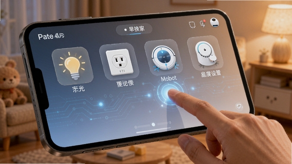 �簲��APP�Ҿ��豸�������棬չʾ�ƹ⡢������ɨ�ػ����˵��豸ͼ�꣬�û���ָ�ᴥ��Ļ���п��ƣ��Ƽ�������ܰ�в���