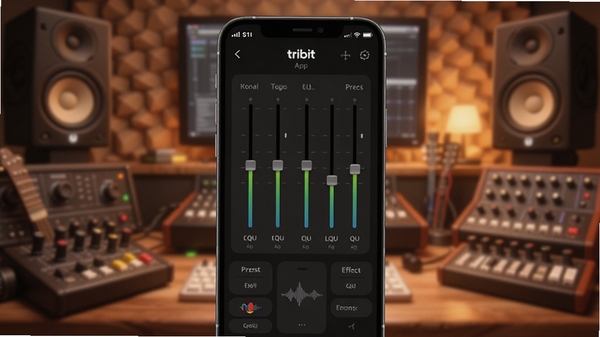 ����һ��չʾTribit App���������ڽ����AIͼƬ���ֻ���Ļ��ʾ���EQ���ڻ�������ЧԤ���б�������Ϊ���ֹ����ҷ��ɫ����ů