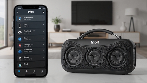 ����һ��չʾTribit App����������������AIͼƬ�������а����ֻ���Ļ��ʾTribit�����豸�б����Ա߷���һ̨Tribit�������䣬����Ϊ�ִ��Ҿӻ�������������Ƽ���