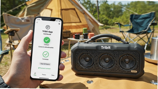 ����һ��չʾ�ֻ�ʹ��Tribit App���������ʵ��ͼƬ���������ֻ���Ļ��ʾ���ӳɹ����棬�Ա���Tribit���䣬����Ϊ����¶Ӫ��������������