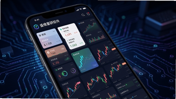 盛维量研软件界面展示实时行情追踪功能,手机屏幕中显示多个数据卡片与彩色K线图,背景为深色科技感风格