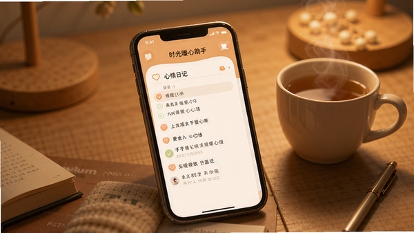 生成一张展示时光暖心助手应用界面的图片,画面中手机屏幕显示温馨的心情日记记录页面,背景是暖色调的书桌,旁边有一杯热茶,整体氛围安静治愈,软件名称时光暖心助手清晰可见