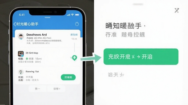 时光暖心助手在手机上的通知提醒设置界面截图,画面清晰展示权限开启步骤,背景简洁,突出操作指引