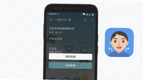 手机安全安装软件操作示意图,展示安卓手机设置中开启未知来源权限的步骤界面,配有一键换脸软件图标,扁平化设计风格