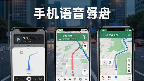 手机语音导航软件功能展示图,包含语音播报界面、实时路况地图、路线规划页面三个手机屏幕并排展示,背景为城市道路,软件名称手机语音导航醒目显示