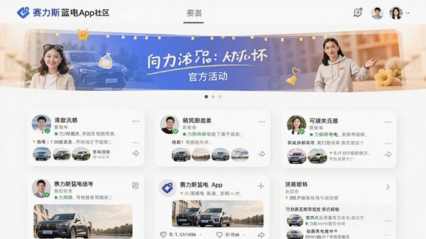 赛力斯蓝电App社区页面,多位车主头像和动态展示,界面温馨活跃,有官方活动横幅