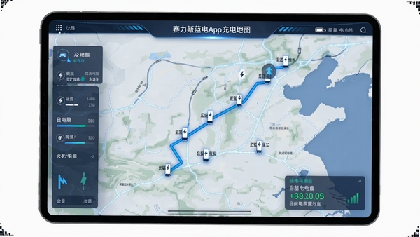 赛力斯蓝电App充电地图界面,显示沿途充电站分布和当前电量预估,地图风格科技感强,有蓝色路线指引