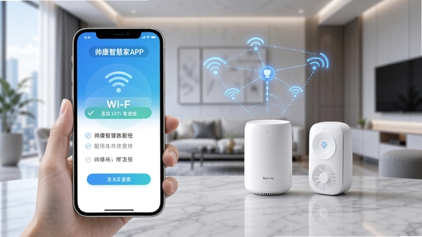 ˧���ǻۼ�APP�ƶ�����������ʾ��ͼ���ֻ���Ļ��ʾWi-Fi���Ӳ��裬����Ϊ��ͥ���绷������ʾ�ʣ�˧���ǻۼ������̳̽��棬�ֻ��������豸���ӣ����Ƽ���