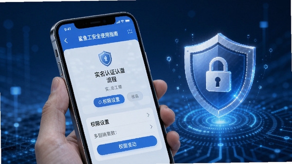 鲨鱼灵工安全使用指南生图,展示手机屏幕中实名认证流程和权限设置界面,旁边有盾牌和锁的图标,蓝色科技感背景,突出安全防护概念