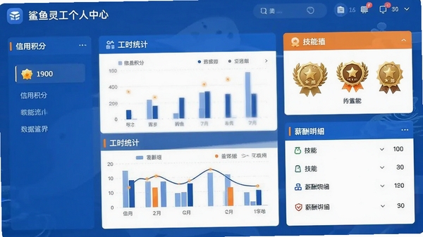 鲨鱼灵工个人中心界面生图,展示信用积分、工时统计图表、技能徽章和薪酬明细,配色以蓝色和橙色为主,突出数据可视化效果