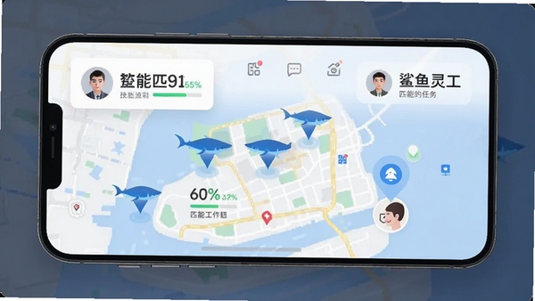 鲨鱼灵工任务匹配界面AI生图,展示手机屏幕中地图上分布着多个工作机会标记点,用户头像旁显示技能匹配度百分比,界面简洁现代,突出智能推荐功能