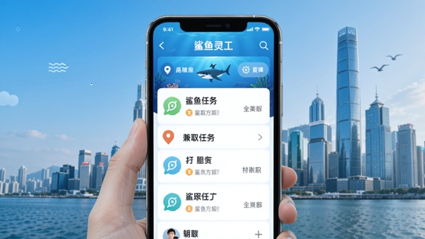 鲨鱼灵工APP主界面展示,蓝色海洋主题风格,手机屏幕中显示丰富的兼职任务列表和地图定位功能,背景为现代化城市天际线,整体色调清新专业