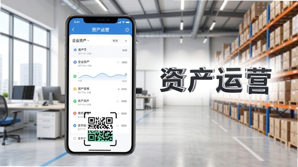 资产运营软件主界面展示,手机屏幕中呈现企业资产列表与二维码扫描入口,背景为现代化办公室与仓库场景,突出移动端资产管理便捷性,画面清晰明亮,软件名称资产运营醒目显示