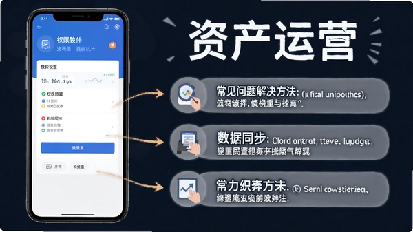 资产运营软件使用教程示意图,手机屏幕展示权限设置与数据同步界面,旁边有提示文字标注常见问题解决方法,背景简洁,突出软件名称资产运营