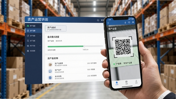 资产运营软件盘点功能界面,用户手持手机扫描资产二维码,屏幕显示盘点进度与资产详情,背景为仓库货架,体现高效盘点场景,软件名称资产运营在界面中可见