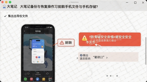 大笔记备份与恢复操作界面截图,展示导出备份文件到手机存储的步骤,突出数据安全提示