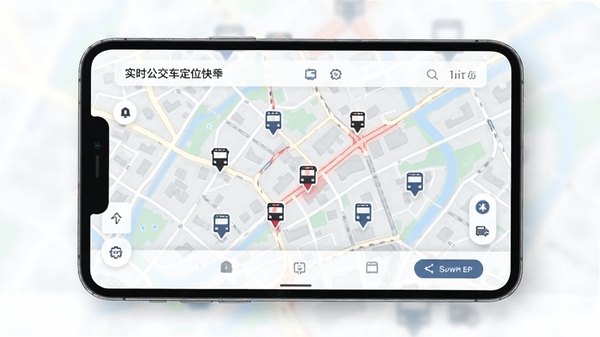 实时公交定位快查软件界面展示,城市地图上显示公交车实时位置图标,简洁现代的UI设计风格