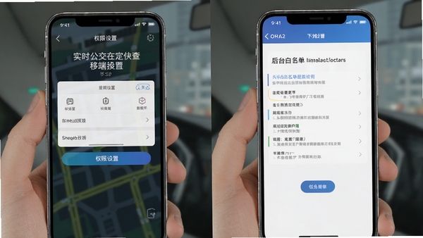 实时公交定位快查移动端操作示意图,展示手机权限设置界面和后台白名单配置步骤