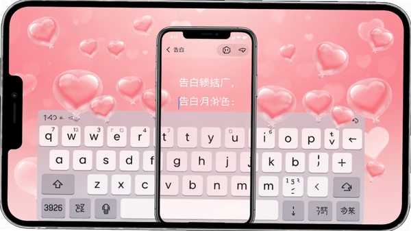 告白键盘软件主界面展示,浪漫粉色渐变背景,键盘上方漂浮爱心气泡,手机屏幕显示告白文案输入效果,界面简洁温馨,适合软件介绍配图
