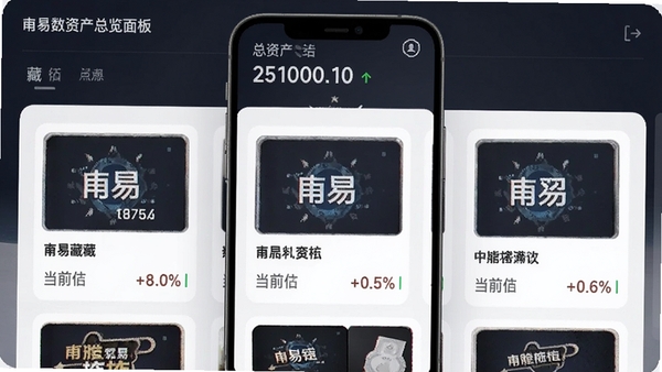 甬易数资产总览面板界面,手机屏幕显示多个数字藏品卡片排列,每张卡片包含藏品缩略图、名称、当前估值和涨跌百分比,顶部有总资产统计数字,整体风格简洁现代