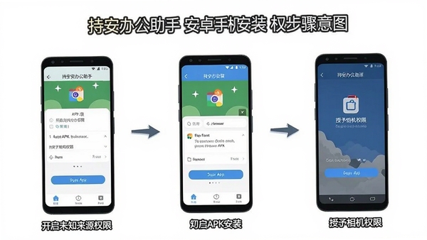 持安办公助手安卓手机安装步骤示意图,展示开启未知来源权限、点击APK安装、授予相机权限三个关键操作界面,简洁教程风格