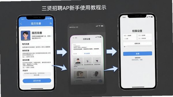������ƸAPP����ʹ�ý̳�ʾ��ͼ���ֻ���Ļ��ʾ��������ҳ���Ȩ�����ý��棬���м�ͷָʾ�������裬���������