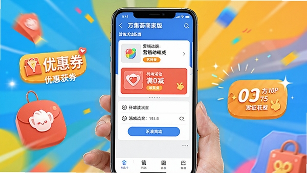 �����̼Ұ�Ӫ������ý��棬�ֻ���Ļ��ʾ�Ż�ȯ�����������ѡ�����Ϊ��������ɫ����ǿ��������͹���
