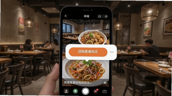 同城商盟短视频探店功能,手机播放美食短视频并悬浮显示团购套餐购买按钮,背景为餐厅环境