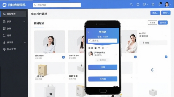 同城商盟操作界面截图,展示商家后台管理页面和手机端核销操作,带有搜索框和功能按钮