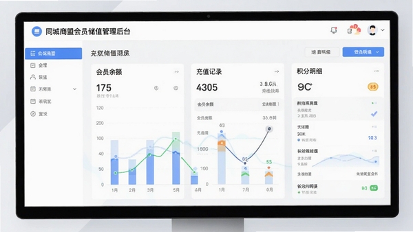 同城商盟会员储值管理后台,展示会员余额、充值记录和积分明细的图表界面,风格专业简洁