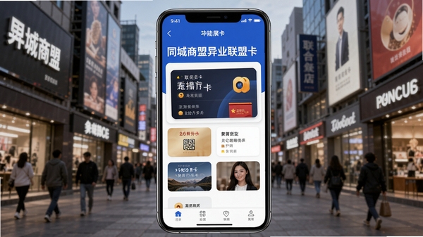 同城商盟异业联盟卡功能展示,手机屏幕中显示多家店铺联合会员卡界面,背景为繁华商业街