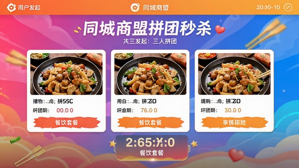 同城商盟拼团秒杀活动页面,用户正在发起三人拼团购买餐饮套餐,界面色彩鲜艳,带有倒计时元素