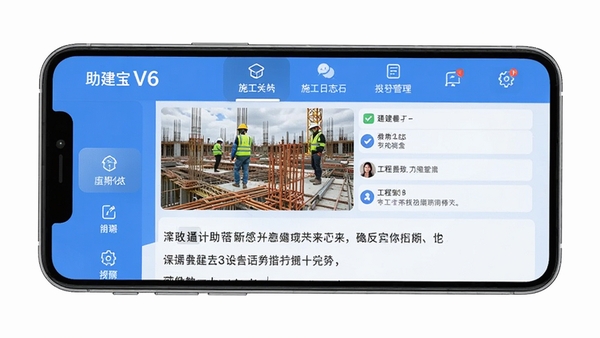 助建宝V6施工日志记录界面,手机屏幕显示工地现场照片与文字描述,工程管理软件UI,简洁蓝色调,高清细节