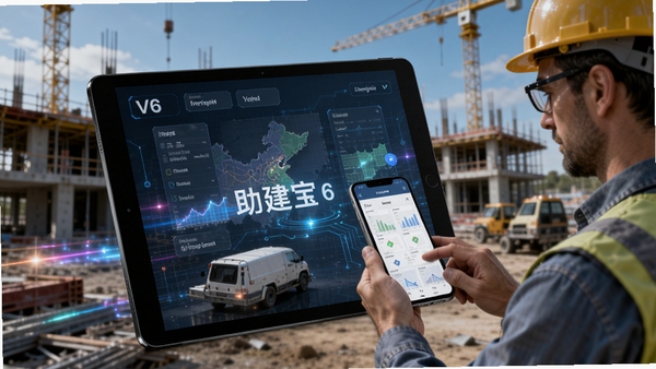 助建宝V6在手机与平板上的多端同步操作示意图,建筑工地场景,工程师使用移动设备管理项目,科技感光影效果