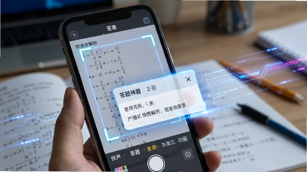 答题神器拍照搜题功能演示,手机镜头对准数学试卷,屏幕上出现识别框和答案弹窗,画面带有科技感光效,突出答题神器快速解析能力