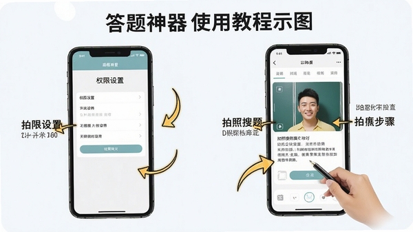 答题神器使用教程示意图,手机屏幕展示权限设置界面和拍照搜题操作步骤,画面带有箭头标注和文字说明,风格简洁直观,突出答题神器新手引导