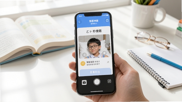答题神器APP主界面展示,手机屏幕显示拍照搜题功能,背景为明亮的学习桌面,有书本和文具,整体风格清新简洁,突出智能搜题与答案秒出的产品特色