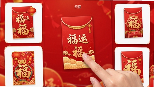 福运红包封红包封面选择界面,多种喜庆封面缩略图排列,用户手指点击其中一款封面,背景为红色渐变,突出节日氛围