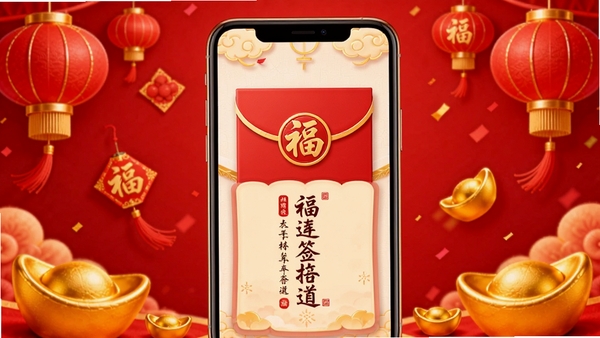 福运红包封软件主界面展示,红色喜庆背景,手机屏幕中显示红包封面样式和福运签文,周围点缀金色元宝和灯笼元素,整体风格喜庆热闹