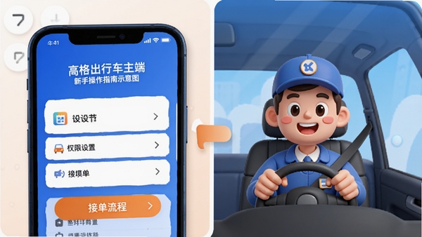高格出行车主端新手操作指南示意图,手机屏幕展示权限设置与接单流程,卡通风格司机角色,蓝色与橙色配色,界面标注清晰