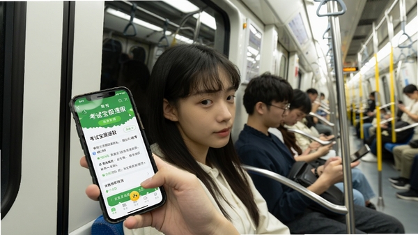 考试宝极速版碎片化学习场景,年轻人在地铁上使用手机刷驾考题,界面显示考试宝极速版APP,光线明亮,氛围轻松