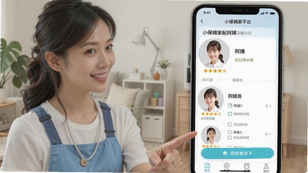 小保姆家政平台手机APP界面展示智能匹配阿姨功能,画面中用户正在选择保洁服务,屏幕上显示附近阿姨的头像和评分