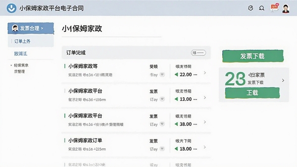 小保姆家政平台电子合同与发票管理界面,展示已完成的订单列表和发票下载按钮